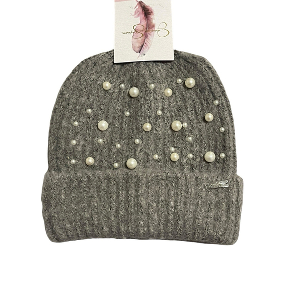 Jessica Simpson Accessories - Jessica Simpson Beanie Hat Pearl Embellished Gray Knit